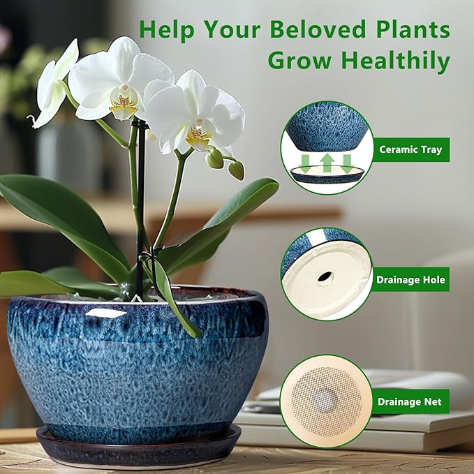 Ceramicfor Ceramic Plant Pots 13 Inch - Indoor Planter with Drainage Hole and Saucer, Decorative Large Planter for Indoor Outdoor Plants, Ceramic Flower Pots, Gifts for Plant Lovers, House Decor, Blue
