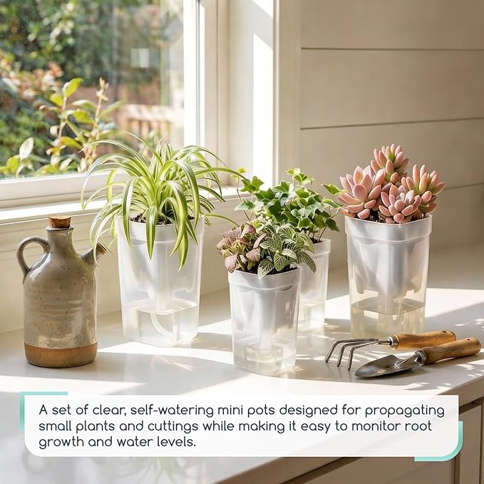 12 Pack 2" Small Self-Watering Planter Pots - Mini Clear Seed Starter Pots with Visible Water Level, Plastic Nursery Pots for Succulents, Herbs, and Propagation - Includes 12 Plant Labels