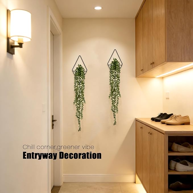 GREENTIME 2 Pack Artificial String of Pearls 22" Fake Hanging Plants with 9.8" Diamond Metal Wall Decor for Living Room Hangling Planter Indoor UV Resistant No Maintenance Boho Outdoor Bedroom