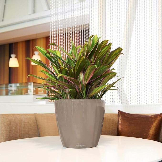 Lechuza Classico LS 28 Shiny Taupe High Gloss, Self-Watering Round Planter, D11 H10.2 in