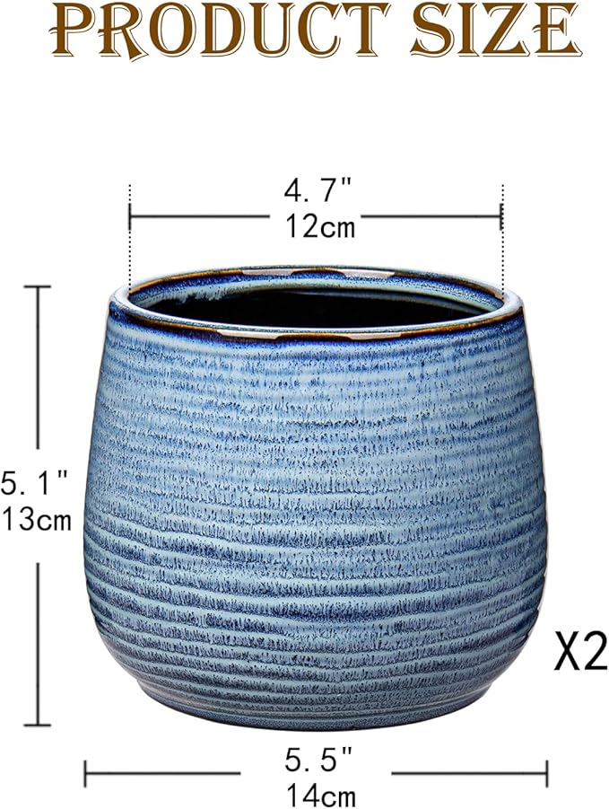 GnFlus Ceramic Plant Pots 6 Inch Set of 2, Flower Plants Pot with Drainage Holes Blue Planter Garden Pot for Succulent Cactus Home Decoration Gift Indoor Outdoor