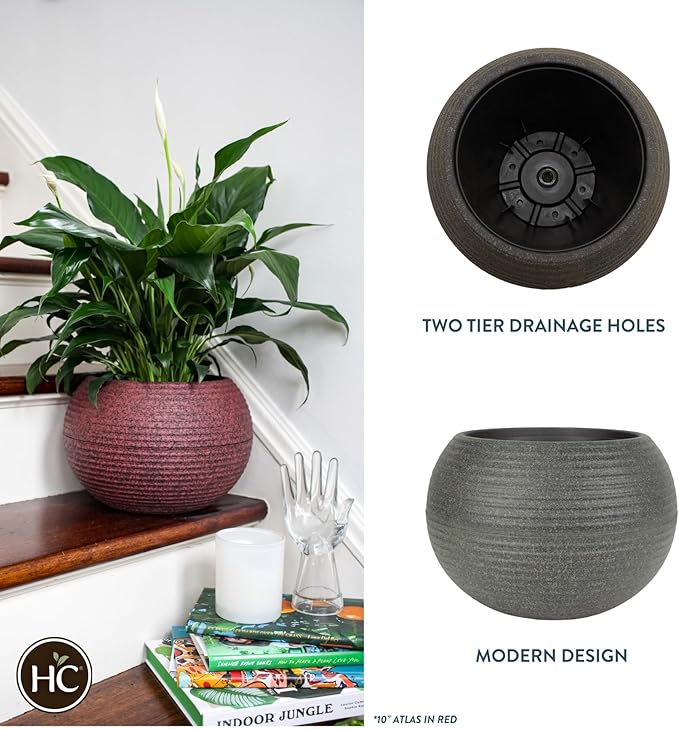 The HC Companies 10 Inch Atlas Sphere Planter - Lightweight Decorative Round Indoor Outdoor Plastic Plant Pot for Herbs and Flowers, Brown