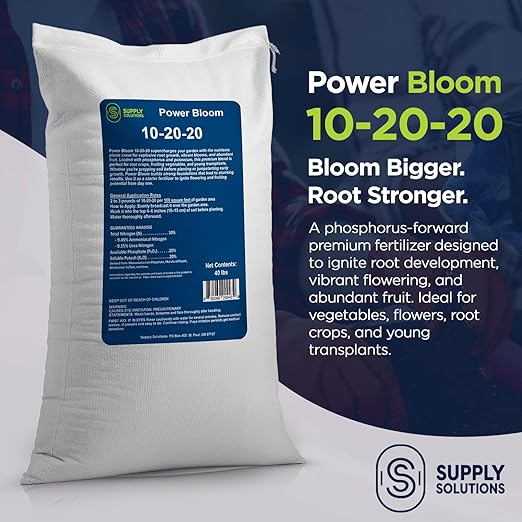 Supply Solutions | Power Bloom 10-20-20 Fertilizer | Bloom Booster Fertilizer for Flowers and Plants, High Phosphorus NPK Fertilizer for Vegetable Garden, Fruit Tree and Flower Fertilizer (40 Pounds)