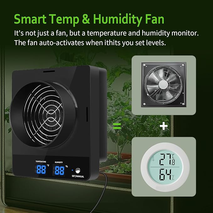 4-Inch Grow Tent Inline Duct Fan, Automatic Temperature & Humidity Sensing Control, Ventilation System for Grow Tents, Greenhouses