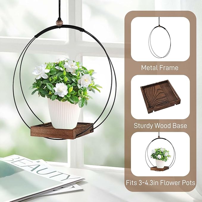 COM4SPORT 2 Pack Hanging Planters for Indoor Plants, Black Metal Plant Hanger with Wood Base Boho Hanging Plant Holder for Window,Room,Balcony Decor