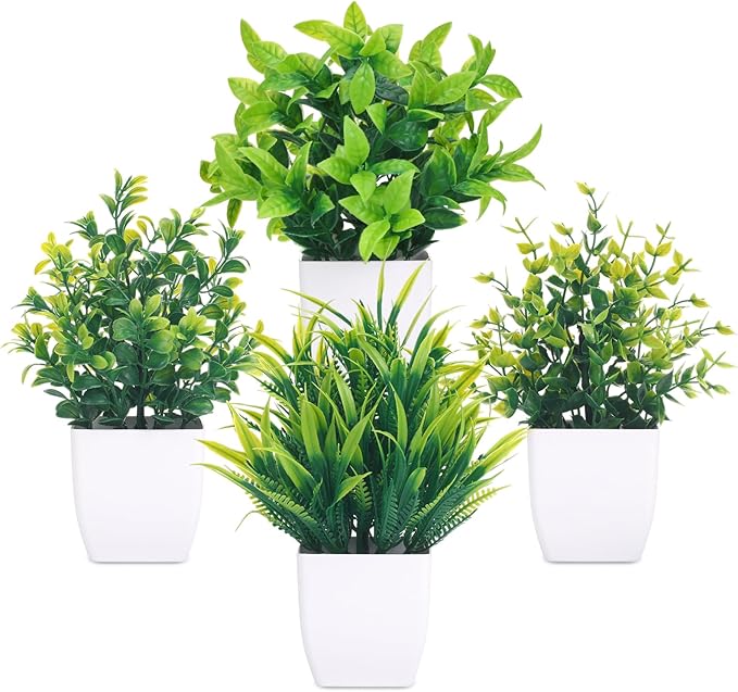 CEWOR Fake Plants 4 Packs Small Artificial Mini Plants Potted Bathroom Accessories Decorations for Desk Office Farmhouse Kitchen Table Decor Indoor