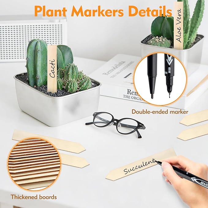 50 PCS Plant Labels with a Black Marking Pen, 5.9 Inch Waterproof Plant Label for Outdoor Indoor Potted Plants, Wooden Plant Tags Gardening Gifts for Women Men