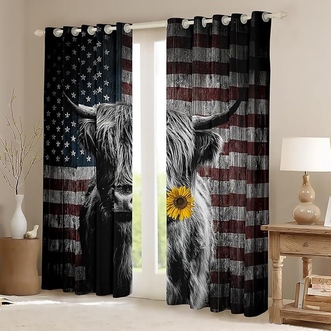 Feelyou Highland Cattle Window Curtains Bedroom Living Room Sunflower Highland Cow Curtains Kids Room Decor Boys Girls America Flag Bull Window Drapes Animal Window Treatments 38W X 54L，2 Panels