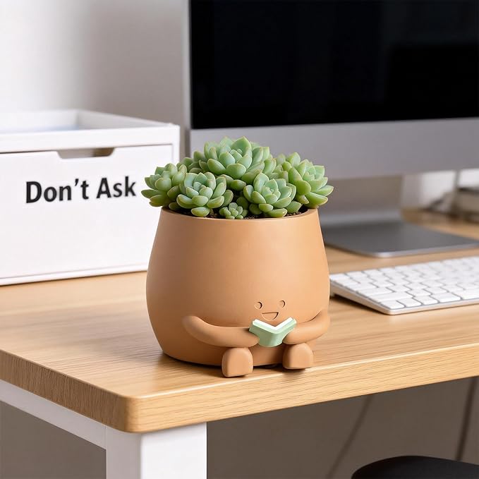 ZSHAWN Smiley Face Planter, Book Lover Plant Pot, Resin Bookworm Planter with Drainage Hole Plug, Cute Reading Succulent Pot Happy Face Indoor Desk Bookshelf Home Decor Peach Color
