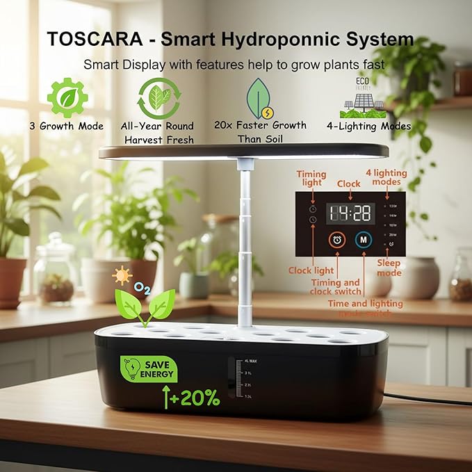 Soil-Free Hydroponics Growing System - 12 Pods with Smart LED Screen, Adjustable Height, 4L Tank, LED Grow Light for Indoor Plants, Grow Herbs Year-Around, Hydro Garden Gifts for Plant Lovers