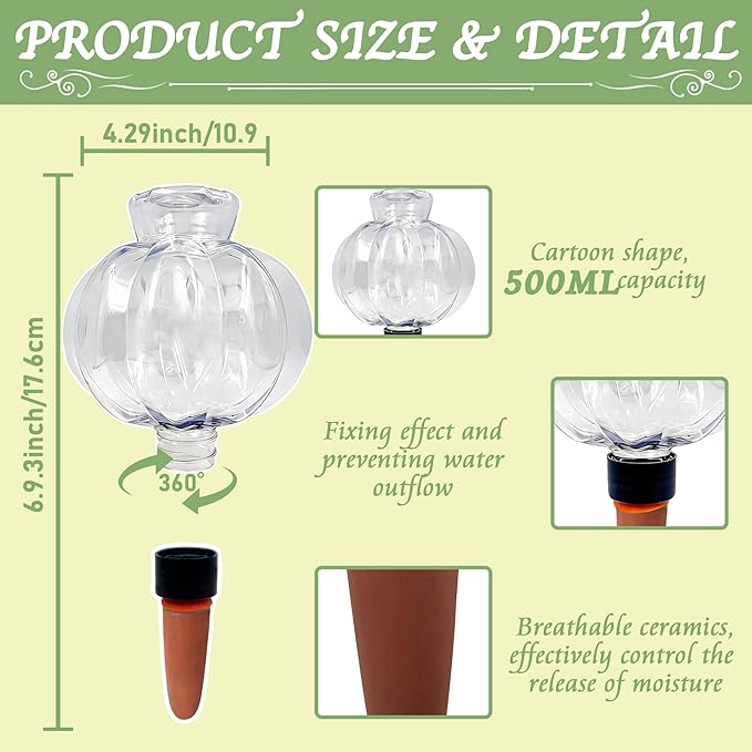 Self Watering Spikes 2 Pack, 16.9oz Large Capacity Plant Watering Globes, Up to 2 Weeks Automatic Watering, Terracotta Irrigation Device for Indoor Plants (Lantern Design)