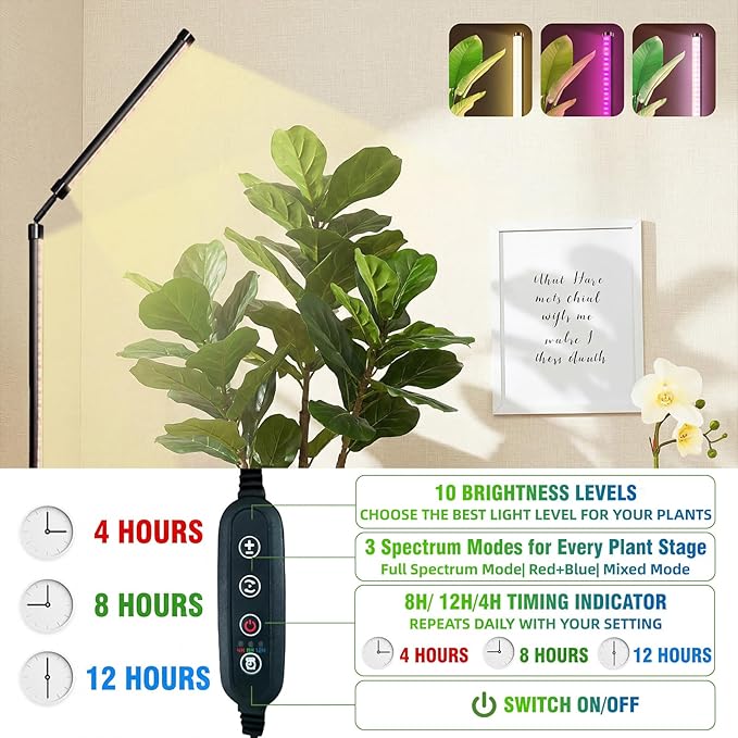 48W Standing Grow Light for Indoor Plants, 65" Modular Vertical Grow Light with 480 LEDs Full Spectrum, High-Output Plant Floor Lamp for Large Trees, Plant Shelves & Corners, 3 Modes, Timer