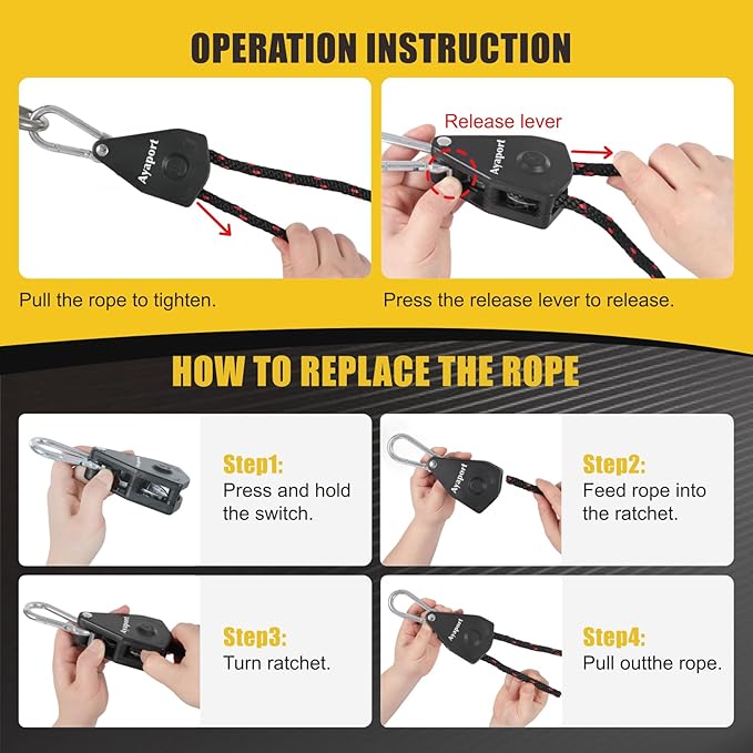 Ayaport Adjustable Rope Hanger Grow Light Hanger, 14Ft 3/8" Heavy Duty Plant Pulley Rope Tightener Ratchet Tie Down for Kayak, Tent Tie Downs, 4 Pack