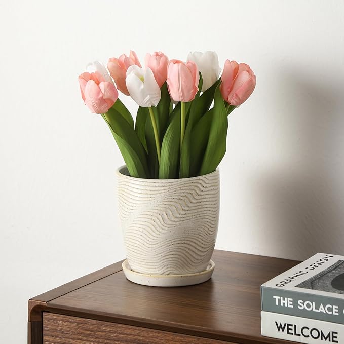 Set of 2 Ceramic Planters with Drainage Holes & Saucers - 4+5.75 Inch Retro Yellow & White Reactive Glaze Flower Pots - Unique Decorative Succulent Orchid Pots for Indoor Outdoor Home Decor