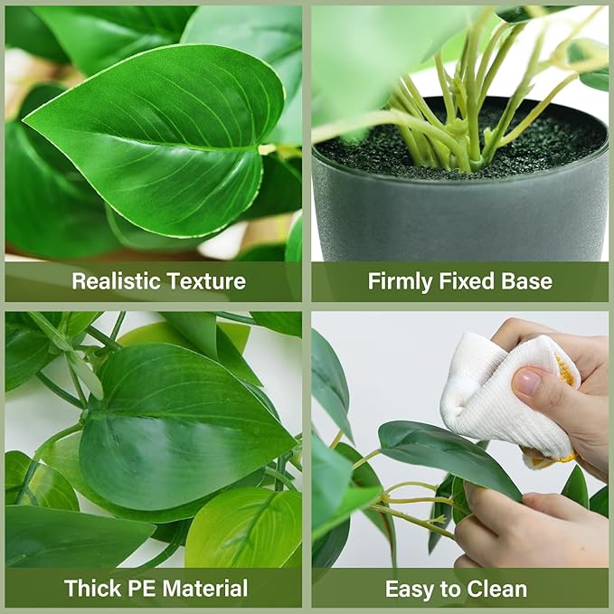 Tiita 2 Pack Fake Plants Artificial Scindapsus Aureus in Pots, Realistic Fake Greenery Potted Plants for Home Office Desk Window Sill Bathroom Bedroom Outdoor Indoor