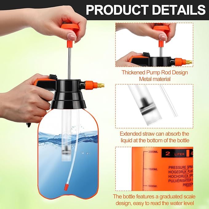 2 Set Handheld Pump Sprayer Pump Spray Bottle Garden Sprayer Plant Mister Water Spray Bottle with Adjustable Nozzle Extended Rod for Spraying Watering Fertilizing Cleaning(2L,Orange)