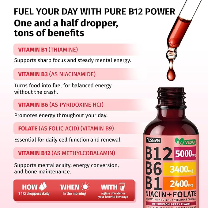 (2 Pack) Vitamin B12 and B6 Liquid Drops, B12 Sublingual Vitamin B Complex - B 12 Vitamin 5000mcg - B12 Methylcobalamin for Energy, Brain, Heart Support with 27,200 mcg, Watermelon Berry, 80 Servings