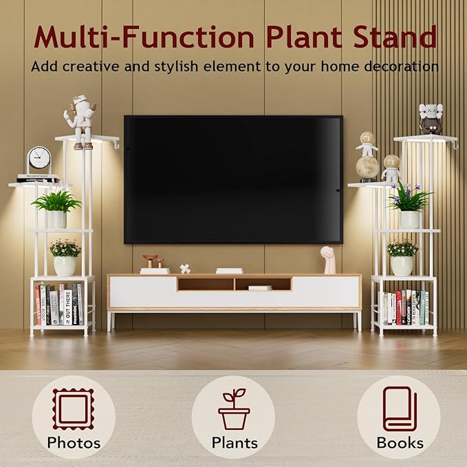 Homsorout Plant Stand Indoor with Grow Light, 5-Tiered Tall Plant Stand Indoor, Metal Plant Shelf with Hanging Basket Hook and Adjustable Light, Ideal for Living Room, Garden, Patio white