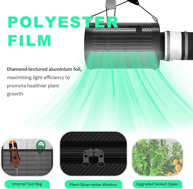 Grow Tent 50x50x100cm, 600D Aluminium Film Coated Indoor Plant Tent with Observation Window, Full Spectrum LED Light, Efficient Airflow Ventilation System 70cm