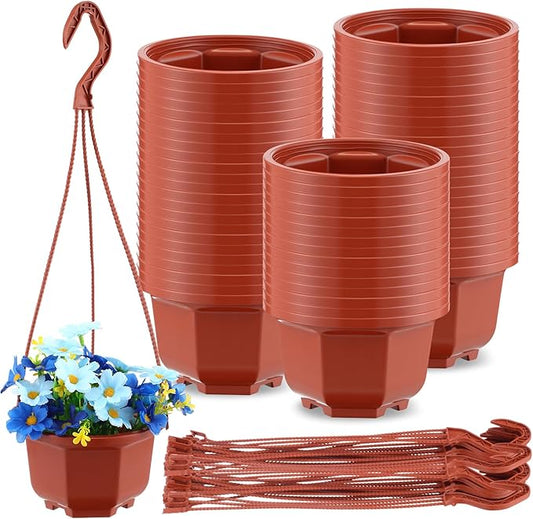 Roshtia 50 Pcs 5.1 inch Plastic Hanging Plant Pots with Hooks Flower Pots Baskets Outdoor Hanging Nursery Planter Holder for Home Garden Balcony Porch(Brown, 5.1 inch)
