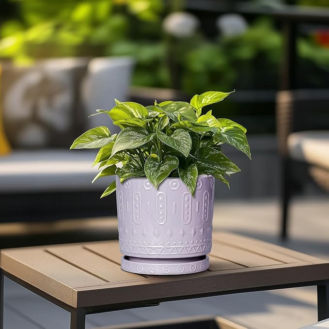 Eightpot Ceramic Pots for Plants, 6 Inch Plant Pot for Indoor Outdoor Plants, Round Planter with Drainage Holes and Saucer, Boho Decorative Flower Pots, Apartment Decor, Plant Lover Gifts, Purple