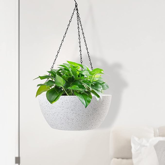 WSMKSZ 10 inch Hanging Planters for Outdoor Indoor Plants with Drainage Holes and Chain, 2 Pack Round Hanging Flower Plant Pots for Garden Home Porch Decor, Speckled White
