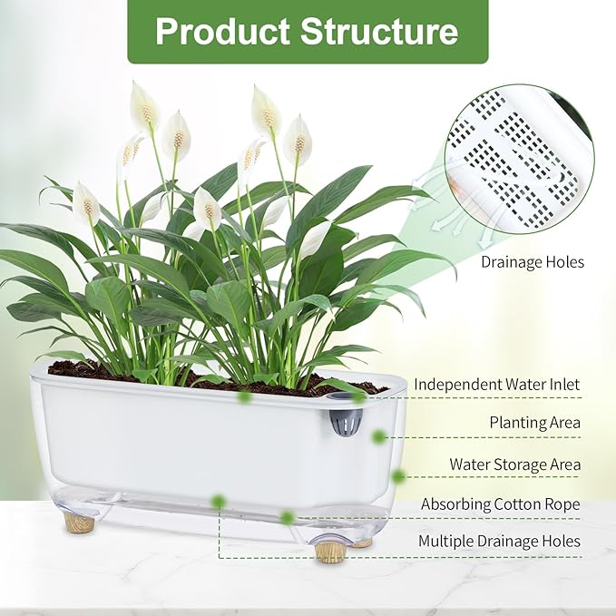 Oliz Self Watering Planter with Coco Coir Pellets, 11.8 Inch Plastic Rectangular Windowsill Plant Pot with Drainage Holes, High Clear Modern Decorative Flower Pot for Indoor Plants, African Violets