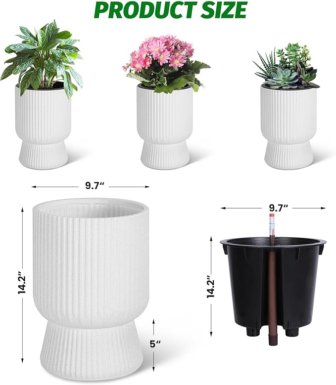 IDEALHOUSE Self Watering Planters Set of 2, 14.2 Inch Tall Outdoor/Indoor Flower Pots with Water Level Indicator, Large Modern Planter with Hidden Reservoir for Patio, Porch, Balcony,White