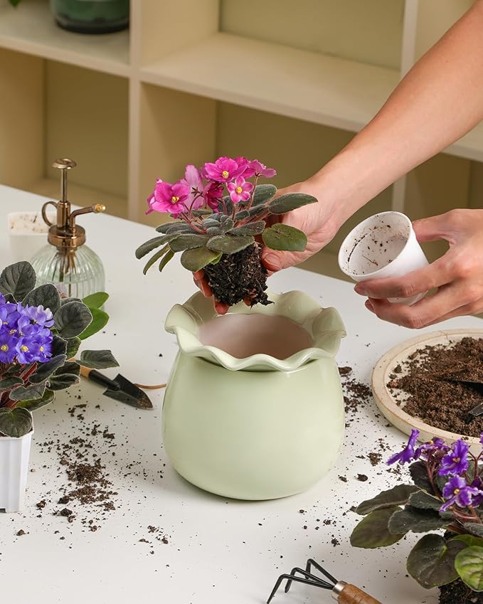 Fayoula Self Watering Plant Pot, 6 Inch African Violet Pots Maintenance, Ceramic Self-Watering Planter for Indoor Plants - Ideal Flower Pot for Thriving Indoor Gardens, Green