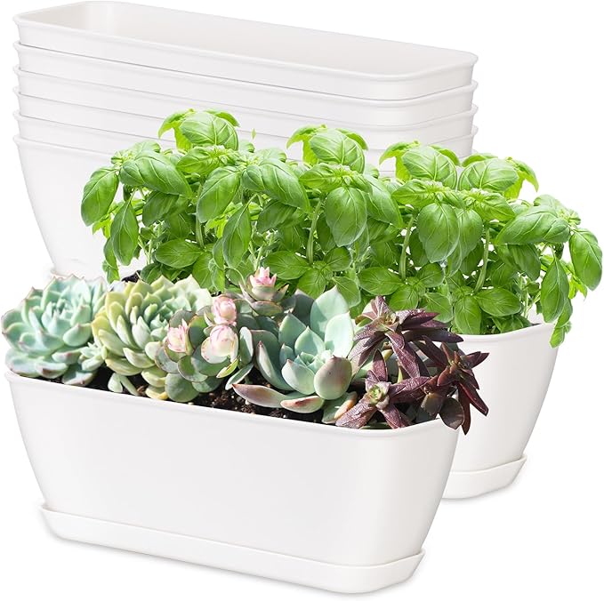 Oliz 8-Piece White Rectangular Window Sill Planters with Drainage Holes and Trays (11 Inches) for Basil, Orchids, and Succulents Modern Herb Garden Planters Suitable for Indoor/Outdoor Plants