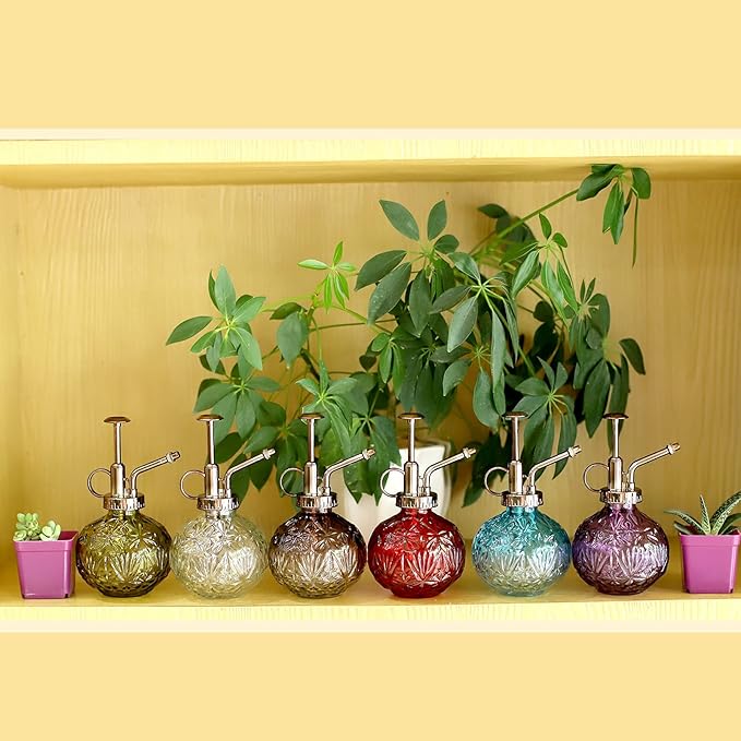 Hniuyun Glass Plant Mister Spray Bottle, 6.5inch Tall Vintage Round Spritzer with Bronze Plastic Top Pump for Watering Your Garden (Purple)