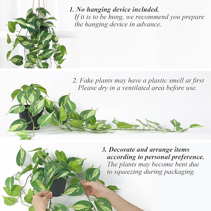 Fake Pothos Hanging Plants Artificial Ivy Vines with Pots - Realistic Indoor Greenery Decor, Low Maintenance Faux Home Decoration (1 PCS)