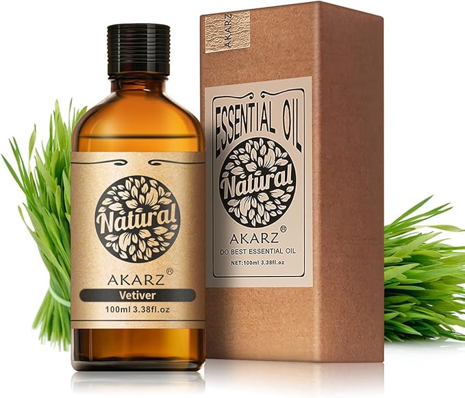 AKARZ 100ml Vetiver Essential Oil Natural Vetiver Oil Pure for Candle Making,DIY Skincare Products Massage,Home Spa Relaxation