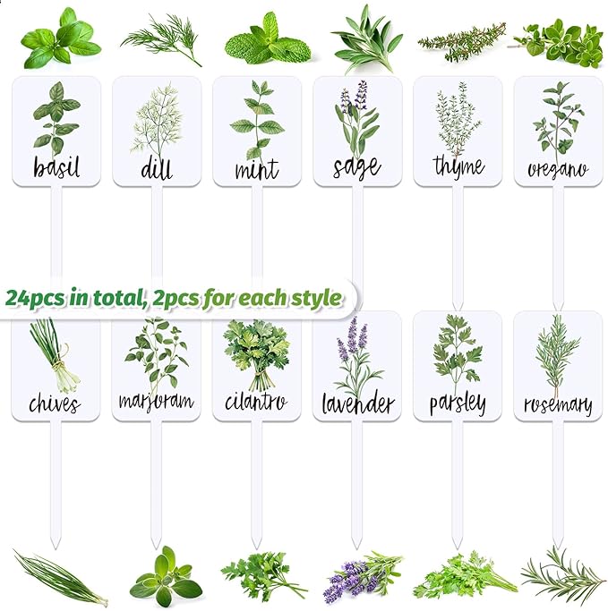 Whaline 24Pcs Acrylic Plant Label Signs 12 Styles Planted Herb Garden Markers Waterproof Plant Stake Tags with Herb Names for Nursery Indoor Outdoor Garden Decoration