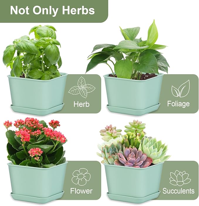 Oliz Herb Garden Planter Indoor Kit Pots for Indoor/Outdoor Plants 4 Packs Windowsill Plant Pots with Drainage and Tray, Window Pot for Indoor Plants (Green)