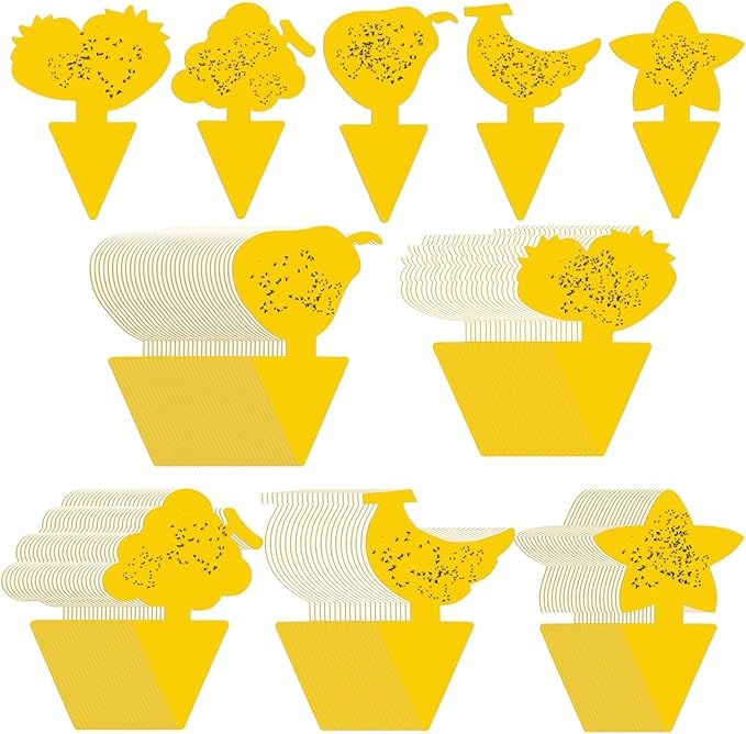 Qualirey 200 Sheets Fruit Fly Sticky Traps for Fruit Fly Gnat Trap for House Indoors Sticky Traps Catcher for Gnats Fungus Gnats Mosquito Catcher for Kitchen Outdoor Plants (Cute Style, Yellow)