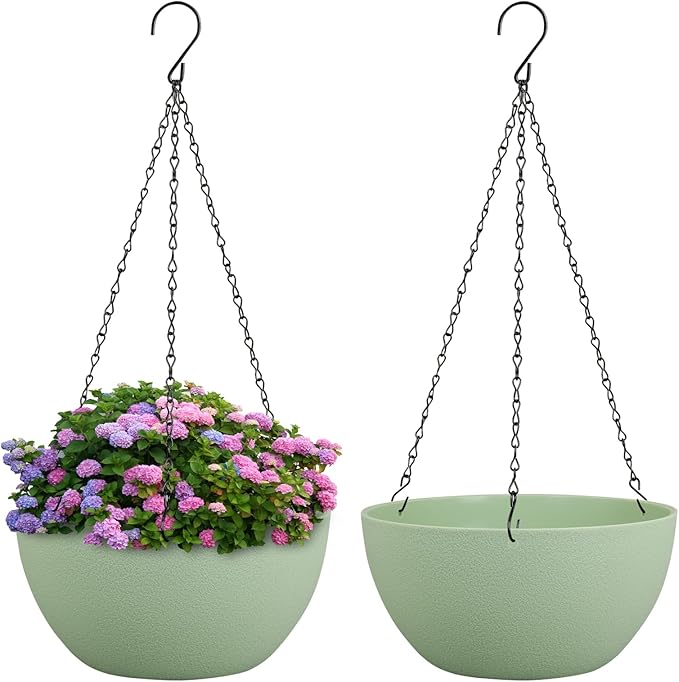 Meowell 10 inch Hanging Planters Plant Pots for Indoor Outdoor Plants, 2 Pack Hanging Flower Pots with Drainage Holes and Chain for Garden Porch, Plastic Hanging Baskets for House Plants, Green