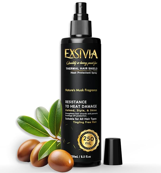 EXSIVIA Heat & Color Protection Hair Spray with Castor Oil Musk Fragrance, Frizz-Free Shine, Thermal Protection, Paraben-Free 250mL