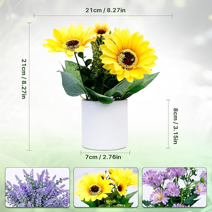 FGSAEOR Mini Potted Fake Plants, Small Artificial Greenery Plants Topiaries, Low Maintenance, Shelf Desk Room Table Office Home Decor (3-Pack) (White Pot - Purple Yellow)
