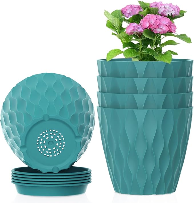 Meowell 4 inch Small Plastic Nursery Pots, 5 Pack Water Ripples Flower Pots for Indoor Plants, Plant Pots with Drainage Holes and Saucers, Seedling Starter Planters for House Plants, Blue Green