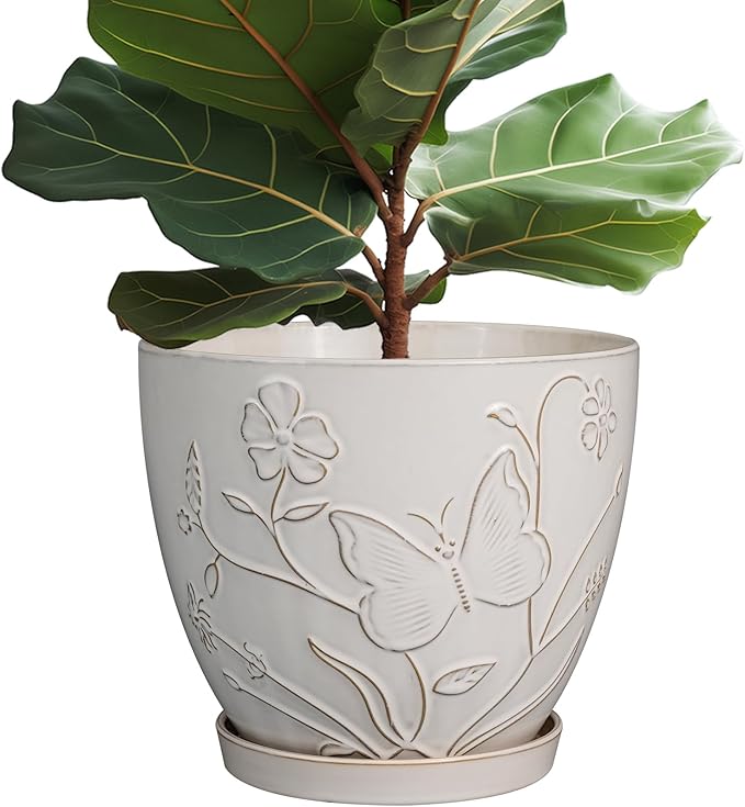 MPotTo 10 Inch Plant Pot Ceramic Planter Pot with Drainage Hole and Saucer Round Planter Large Flower Pot for Indoor Outdoor Plants Home Garden Decor White
