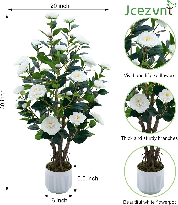 2 Pack Artificial Camellia Tree with White Pot, 38" Faux Potted Plants for Indoor Outdoor Decor, Tall Silk Greenery Plant for Home Offce Living Room Balcony, White