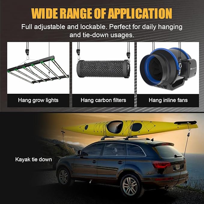 Ayaport Adjustable Rope Hanger Grow Light Hanger, 1/4 Heavy Duty Plant Pulley Rope Tightener Ratchet Tie Down for Kayak, Tarp, Tent Tie Downs, Hanging Plants, Filters, Fans