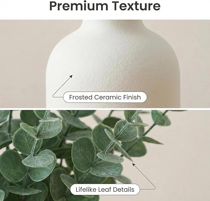 16" Artificial Eucalyptus Stems Potted Plant - Realistic Small Fake Desk Plants for Office Home Decor, Faux Plants in Frosted Ceramic Vase for Indoor Spaces, Wedding Centerpieces Table Decor（20 pcs）
