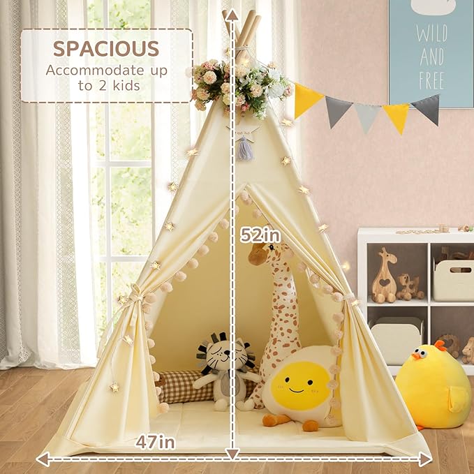 WIRHAO Teepee Tent for Kids with Padded Mat Cotton Canvas Kids Teepee with Pompom for Toddlers Indoor Play Tent for Girls Boys with Stars Lights, Carry Bag, Banner Flag (Cream)