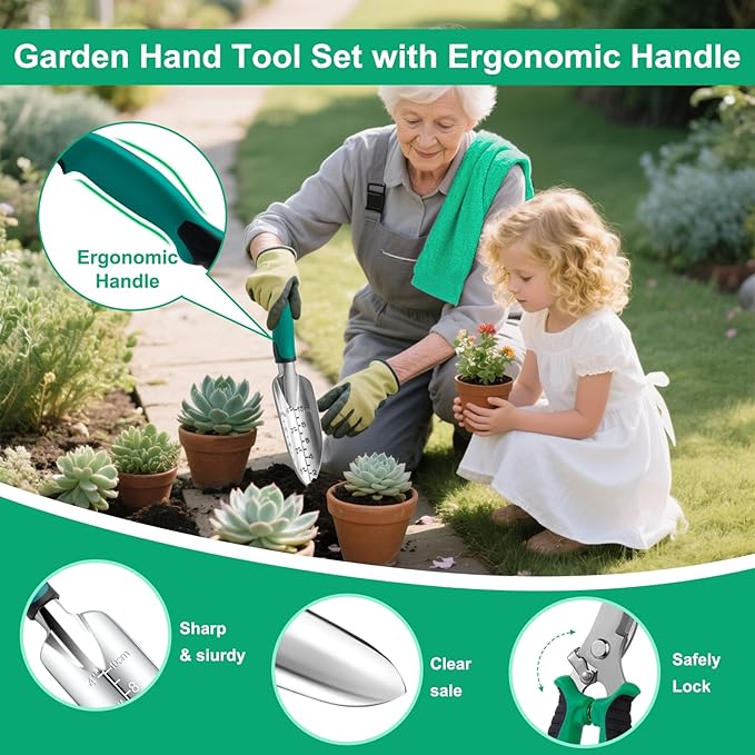 Garden Tool Set, 12-Piece Complete Stainless Steel Gardening Essentials, Heavy Duty Garden Tools with Large Storage Tote, Gardening Gifts for Women, Men, Mom & Dad Beginners Gardeners, Green