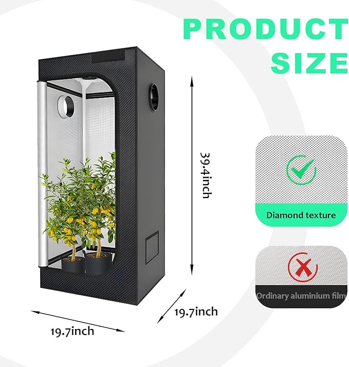 Grow Tent 50x50x100cm, 600D Aluminium Film Coated Indoor Plant Tent with Observation Window, Full Spectrum LED Light, Efficient Airflow Ventilation System 50cm