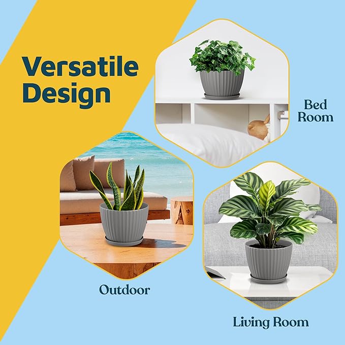 Gray 6-Inch Plant Pots with Drainage & Saucers 24 Pack, Indoor & Outdoor Planters for Houseplants, Herbs, and Flowers, Durable & Weatherproof Material, Stackable, Lightweight, Minimalist Design