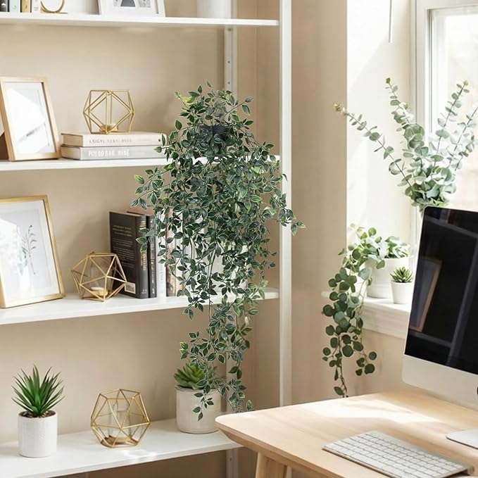LOYWREE Small Artificial Hanging Mandala Plant with Pot Faux Plants Indoor Fake Small Potted Plant 28.7-in Long Faux Vine Shelf Decor Ideal for Indoor Outdoor Home Office Decoration (Black Pot)