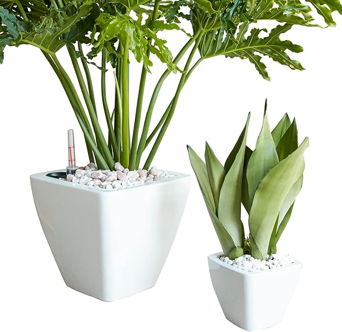 Set of 2, Smart Self-Watering Planters for Indoor and Outdoor -Square, White